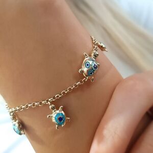 14k gold turtle evil eye charm bracelet